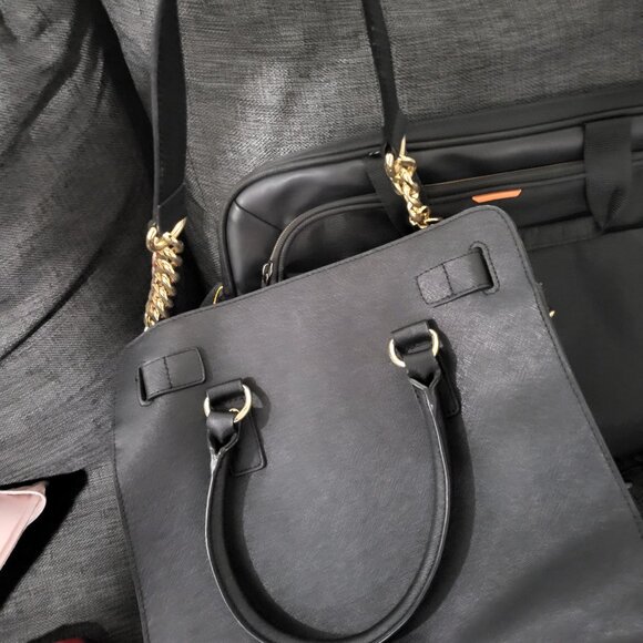 AUTHENTIC Michael Kors Hamilton Black Leather Gold Satchel Crossbody Tote Bag - Picture 8 of 10